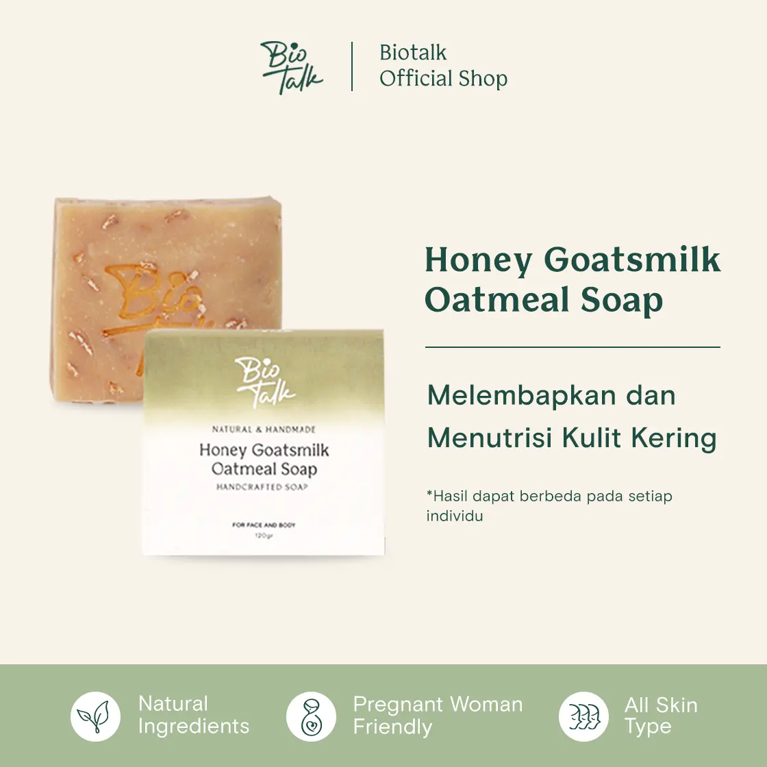 Biotalk Honey Goatsmilk Oatmeal Soap | 120 gram | No SLS/SLES | Melembapkan Kulit| Sabun Mandi Natural Handmade Untuk Kulit Eksim Psoriasis Sensitif