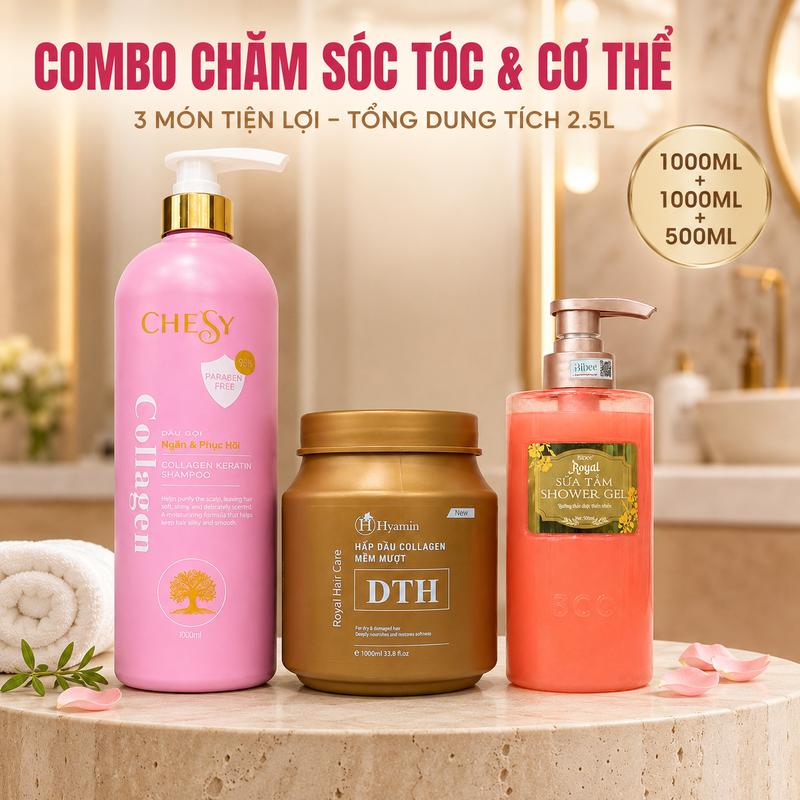 Bộ Sản Phẩm Dầu Gội Phục Hồi Chesy 1000ml Kem Ủ Tóc DTH Hyamin 1000ml Xịt Đạm…