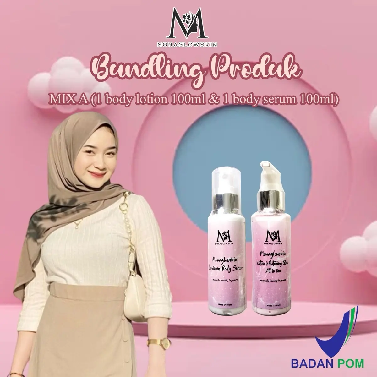 Monaglowskin Mix A (Bodyserum 100 ml & Bodylotion 100 ml) hembodi skin body glow