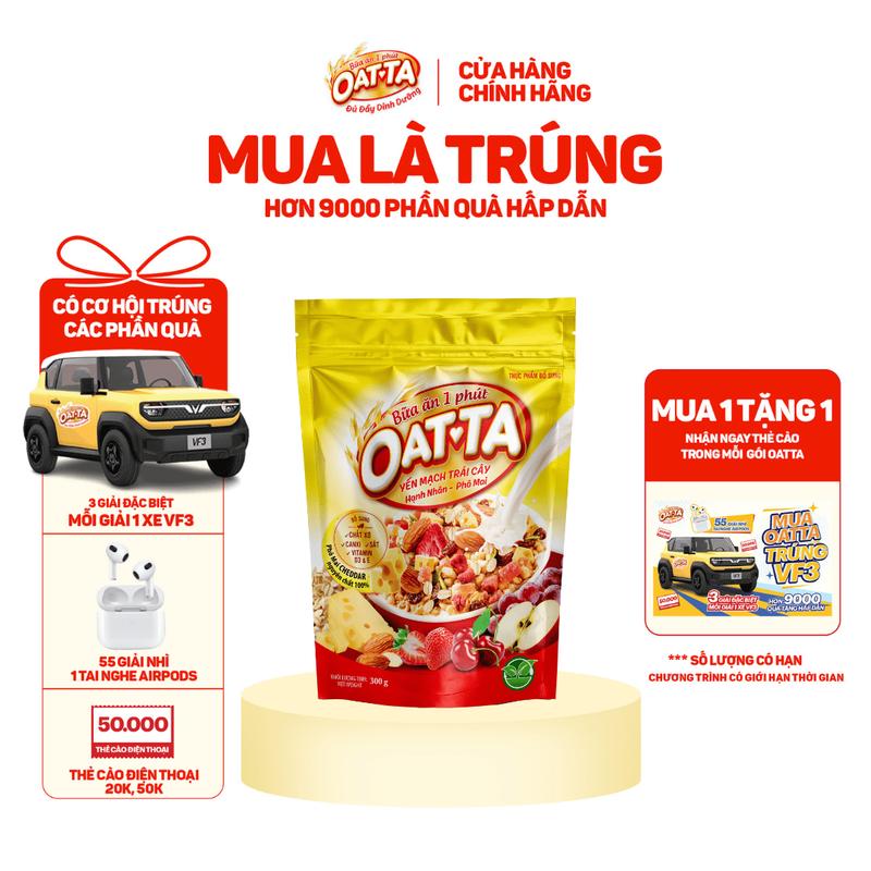 Tặng Thẻ Cào Yến Mạch Trái Cây Hạnh Nhân OATTA Thơm Béo Đậm Chất Vị Phô Mai Có Thể Ăn Liền Túi 300g