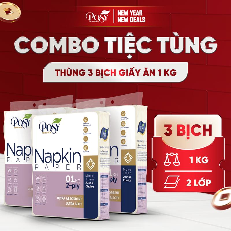 Posy - Combo Tiết Kiệm 3 Bịch Giấy Ăn 1KG 2 Lớp Mềm Mịn Dai Không Mủn Kích Thước 24x23cm Bột Giấy Nguyên Sinh An Toàn Cho Da