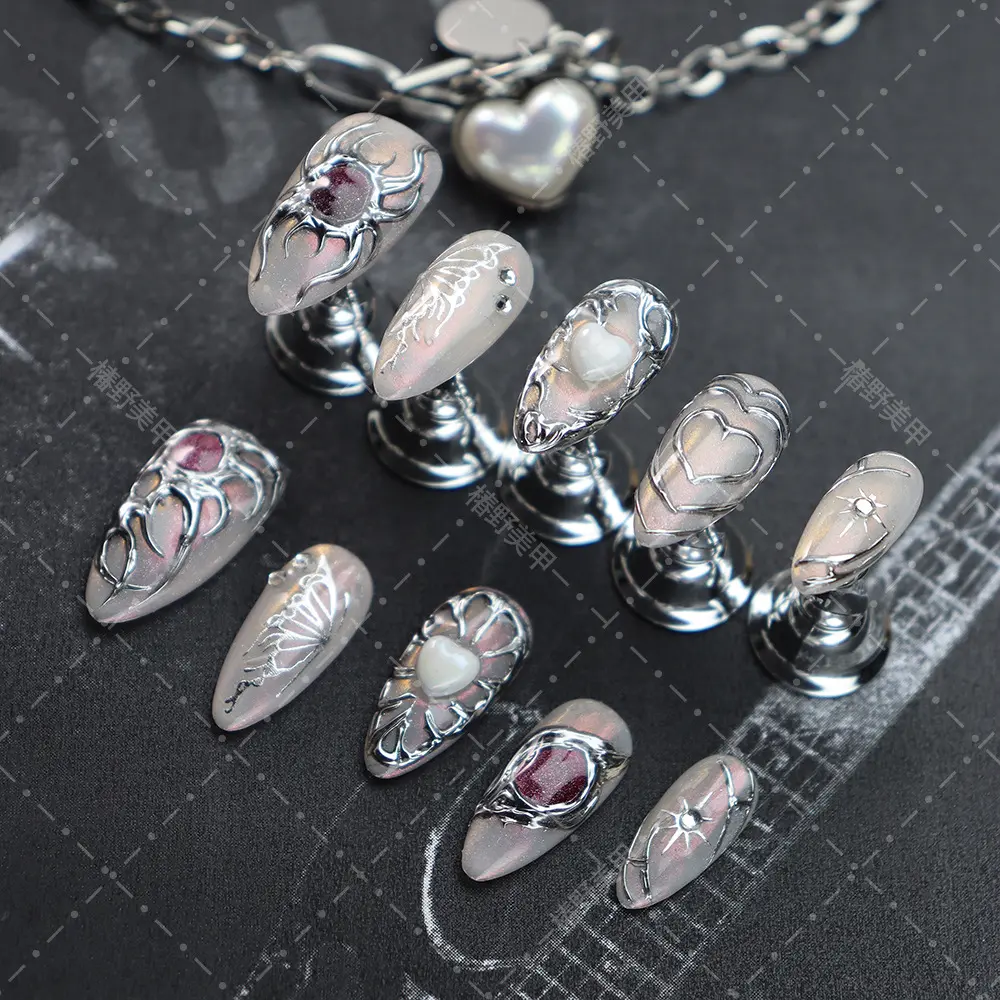 【HOT SALE】10pcs Butterfly Handmade Press-on nails Medium Almond Nails 3D Flower Hand drawn Fake nails Bundle With Free Restore Box Finished nail stickers Reusable Removable