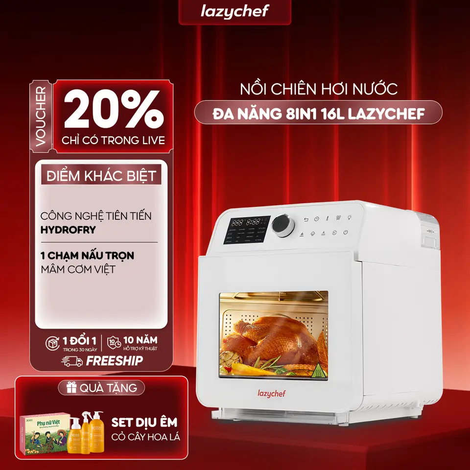 Nồi Chiên Không Dầu Hơi Nước LazyChef 16L, Lò Nướng Đa Năng Cao Cấp 8in1, Dây Mayso Ẩn Dễ Vệ Sinh, Bảo Hành Chính Hãng 24 Tháng