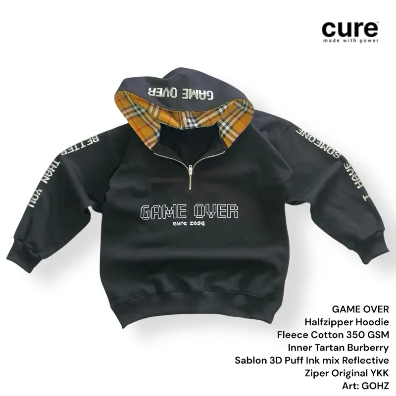 CURE, HALF ZIPPER HOODIE HITAM 350 GSM, GAME OVER, LIMITED EDITION, Boxy Fit, Bahan Katun Fleece, Inner Tartan , Ziper YKK, Unisex Pria Wanita 2