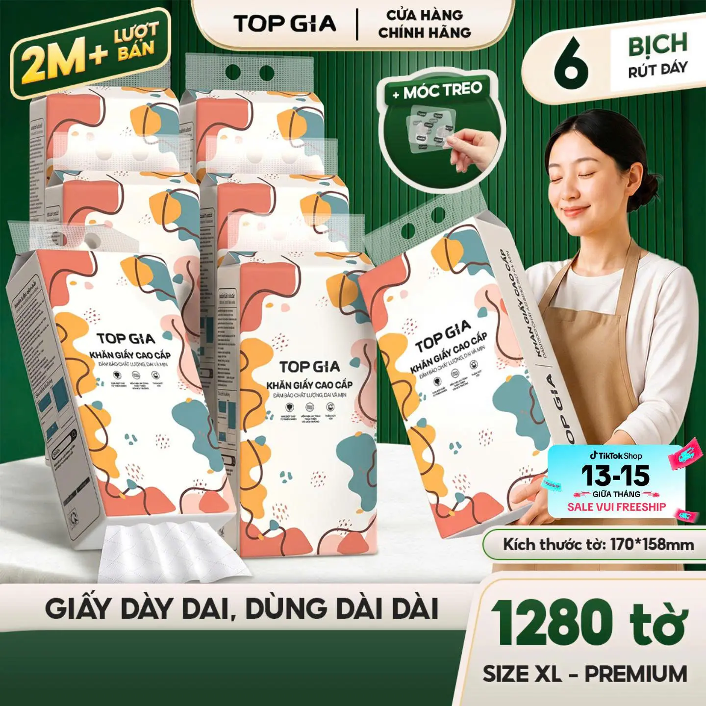 [SIÊU TIẾT KIỆM - KÍCH THƯỚC GẤP ĐÔI] Thùng 6 Bịch Khăn Giấy Rút Đáy Đa Sắc Cỡ Đại 1280 Tờ - 4 Lớp Chính Hãng - Dày Dai - Mềm Mịn, Giấy Rút Cao Cấp Đạt Chuẩn Bộ Công Thương Top Gia (RDS17)