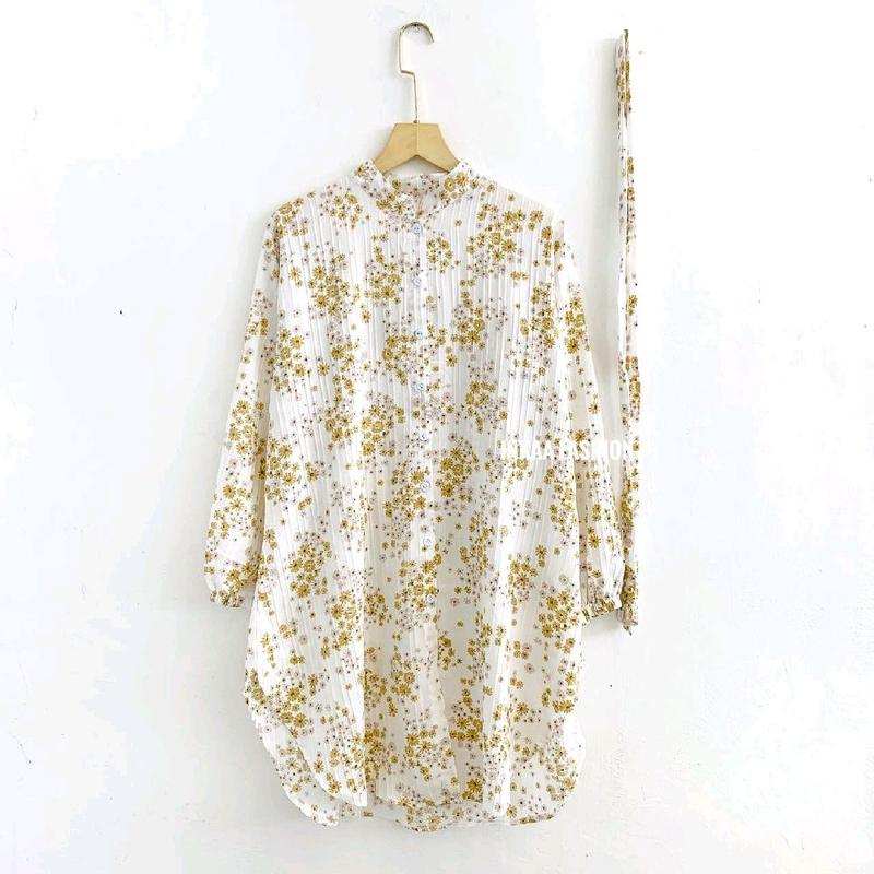 Tunik Lebaran Motif Muslim Panjang Busui ukuran Oversize Pakai Kancing Wanita Dress Etnik Bunga 7