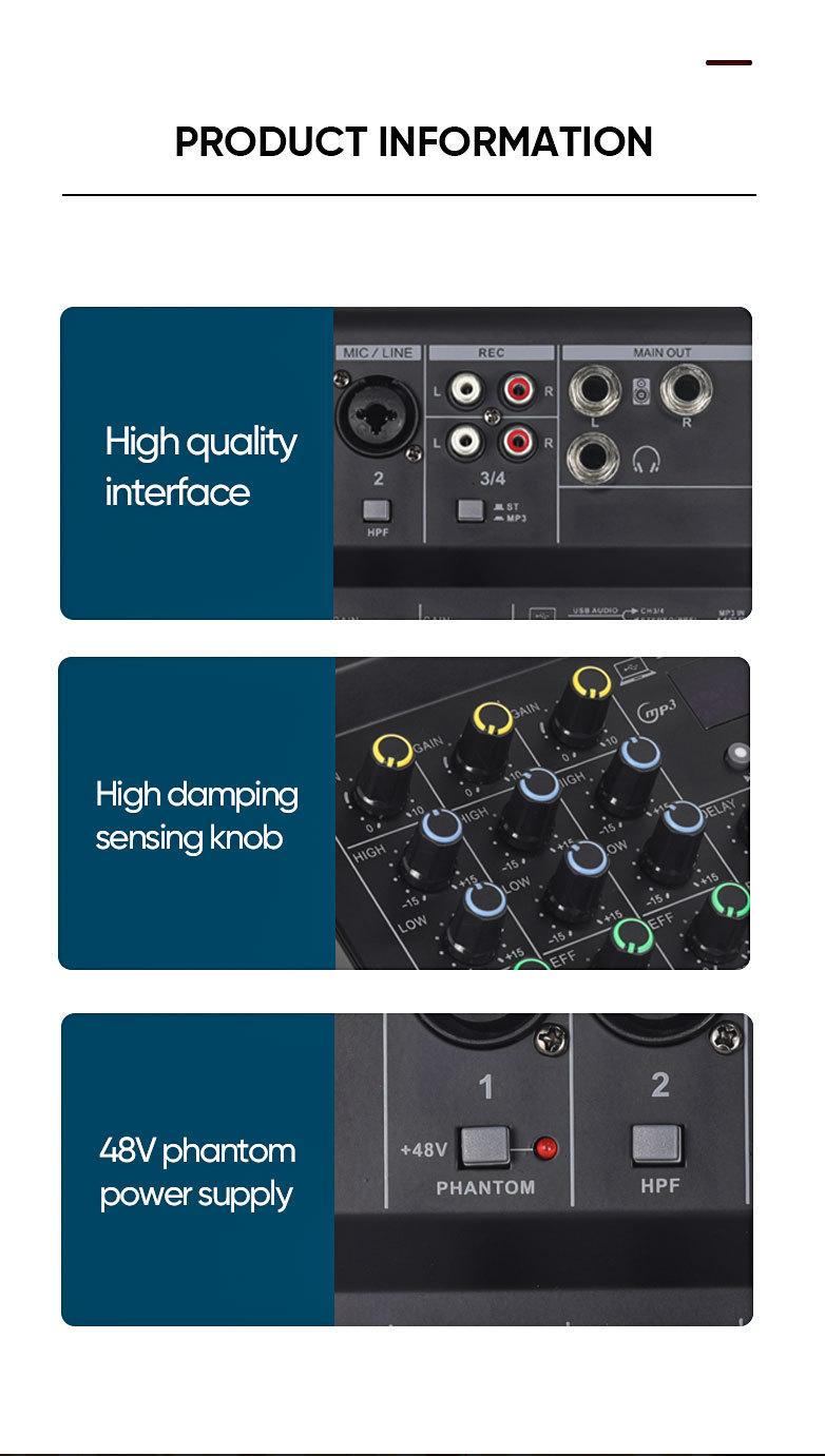 Product Introduction of LX01 4 kênh, chuyên nghiệp, nhỏ, bluetooth, máy trộn, với hiệu ứng âm vang, sử dụng tại nhà, karaoke, sân khấu, biểu diễn, đám cưới, hội nghị, bộ khuếch đại Mixer 14
