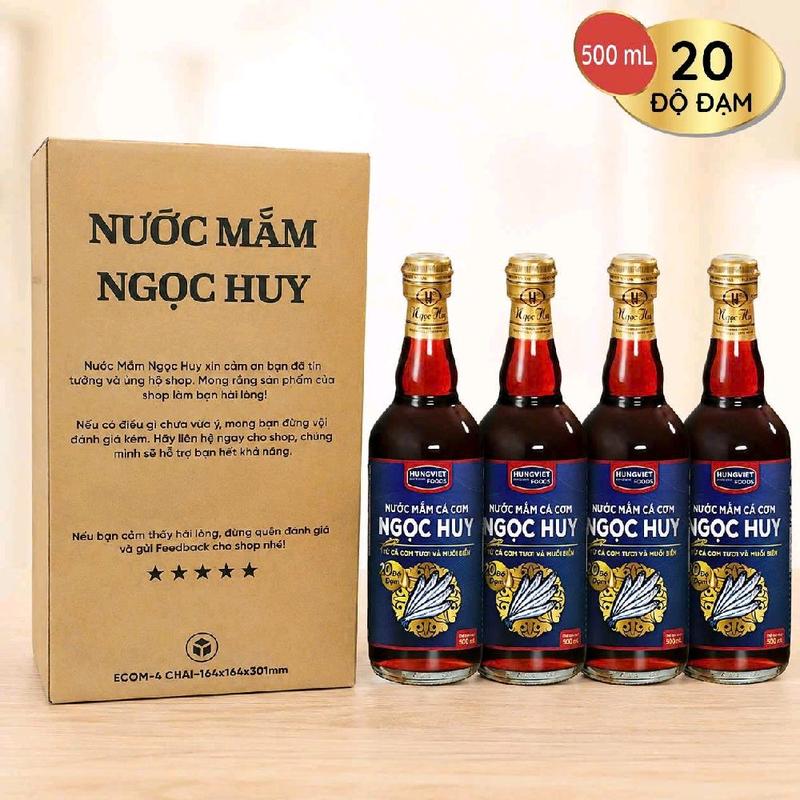 Thùng 4 Chai - Nước mắm cá cơm Ngọc Huy 20 độ đạm 500ml - Chai Thủy Tinh - Trăm năm tròn vị Việt