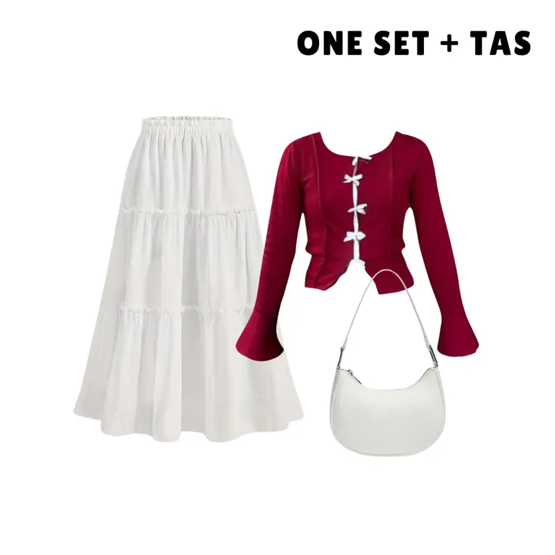 Setelan Wanita Kekinian (Blouse Pita + Rok Susun + Tas Putih) | Setelan wanita kombinasi warna maroon dan putih yang cocok untuk kegiatan santai, terbuat dari bahan rib yang lembut | SET 035 1