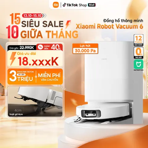 Robot Hút Bụi Lau Nhà Xiaomi Robot Vacuum 6 EU Lực hút mạnh 30.000Pa - Tự Động Giặt Giẻ - Chống Rối - Công Nghệ AI Vượt Chướng Ngại Vật - BH 24 Tháng | Chính hãng Xiaomi