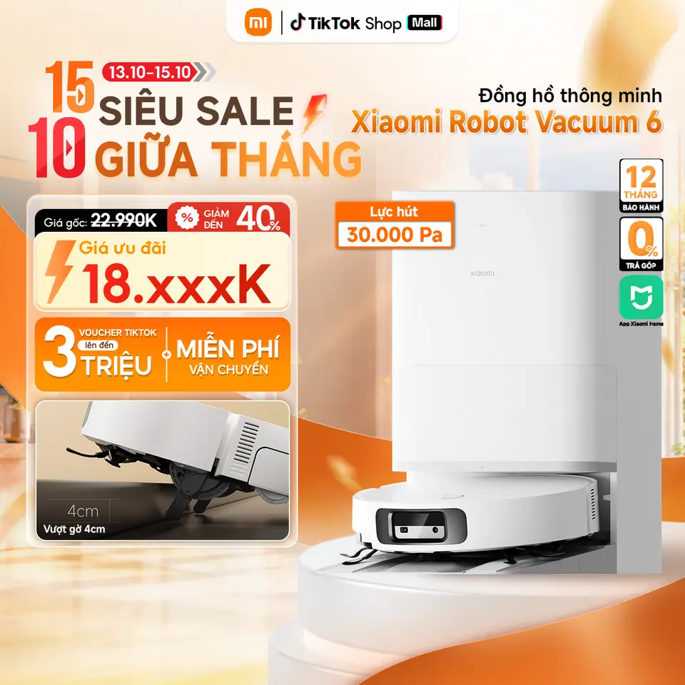 Robot Hút Bụi Lau Nhà Xiaomi Robot Vacuum 6 EU Lực hút mạnh 30.000Pa - Tự Động Giặt Giẻ - Chống Rối - Công Nghệ AI Vượt Chướng Ngại Vật - BH 24 Tháng | Chính hãng Xiaomi