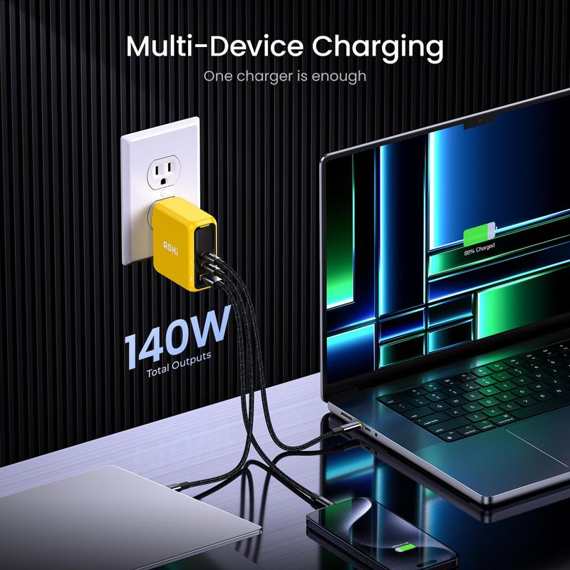 AOHI Magcube 140W USB C Charger PD3.1 3-Port GaN+ Laptop Wall Charger 100W Fast Charging Power Adapter Foldable Plug 5