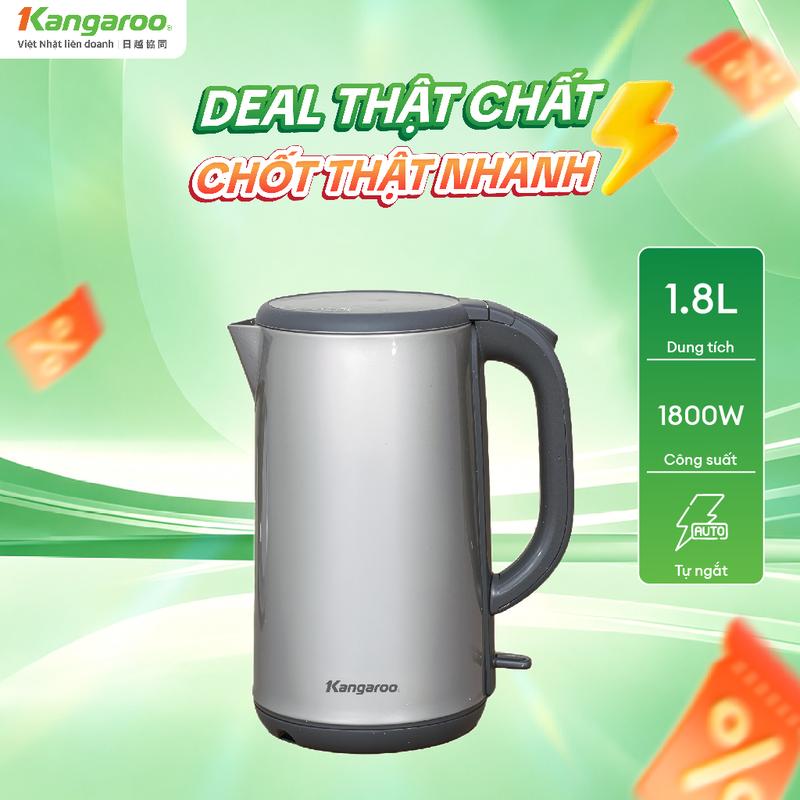 KGWK18S1G | Bình đun siêu tốc Kangaroo 1.8 lít - Công suất 1800W - Thiết Kế 2 Lớp Inox Chống Gỉ An Toàn Tiết Kiệm Điện
