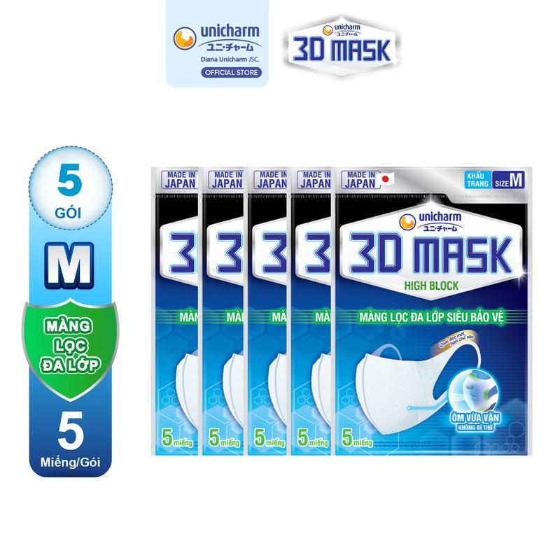   COMBO 5  Unicharm 3D Mask Khẩu trang High Block size M 5 miếng gói 