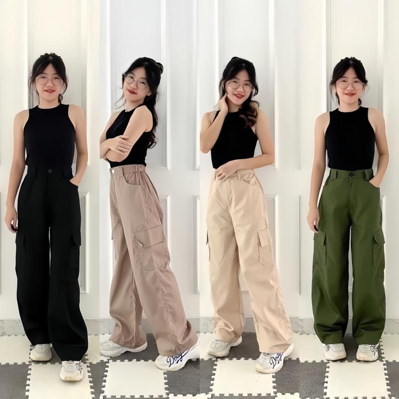 Erona_id - Celana Panjang Kiya & Rora Cargo Drill Wanita Dewasa Skena Outfit dengan Pinggang Karet dan Band Ikat Model Casual Kekinian Berbahan Drill - 5 Varian Warna Hits Terkini dan 4 Pouch/Kantong 2