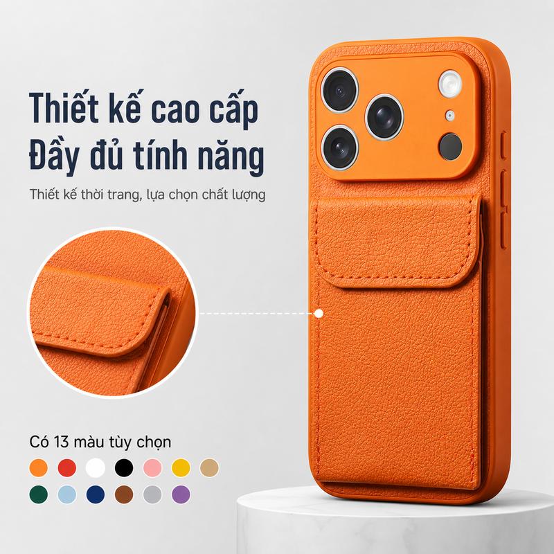 Ốp Lưng PC và Da PU Nhám Có Ngăn Đựng Thẻ, Leather Card Holder Case For iPhone 13-17 / 13-17 Pro / 13-17 Pro Max / 14-16 Plus / 17 Air
