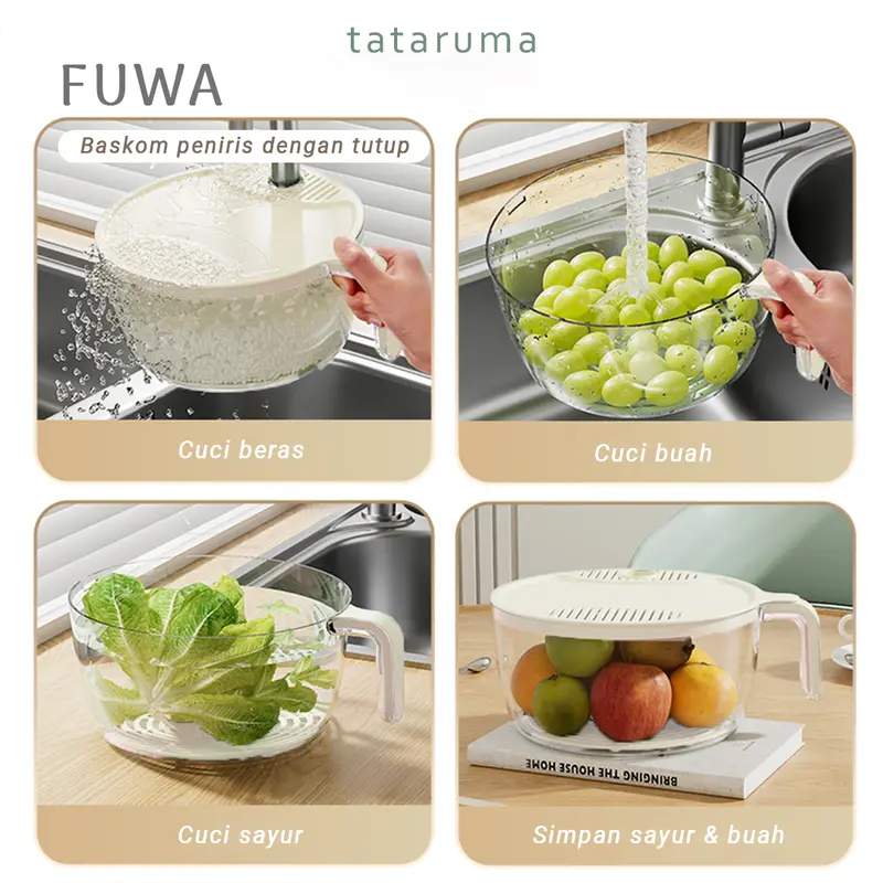 FUWA - Peniris Sayur Buah Beras dengan Tutup dan Handle Baskom Modern 2