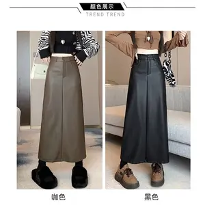 Rok Kulit PU Midi Belah Belakang Antik Wanita Model Korea Modern Style 2024 Best Seller, Musim Gugur Musim Dingin pinggang tinggi rok A-line panjang Hitam Formal Leather