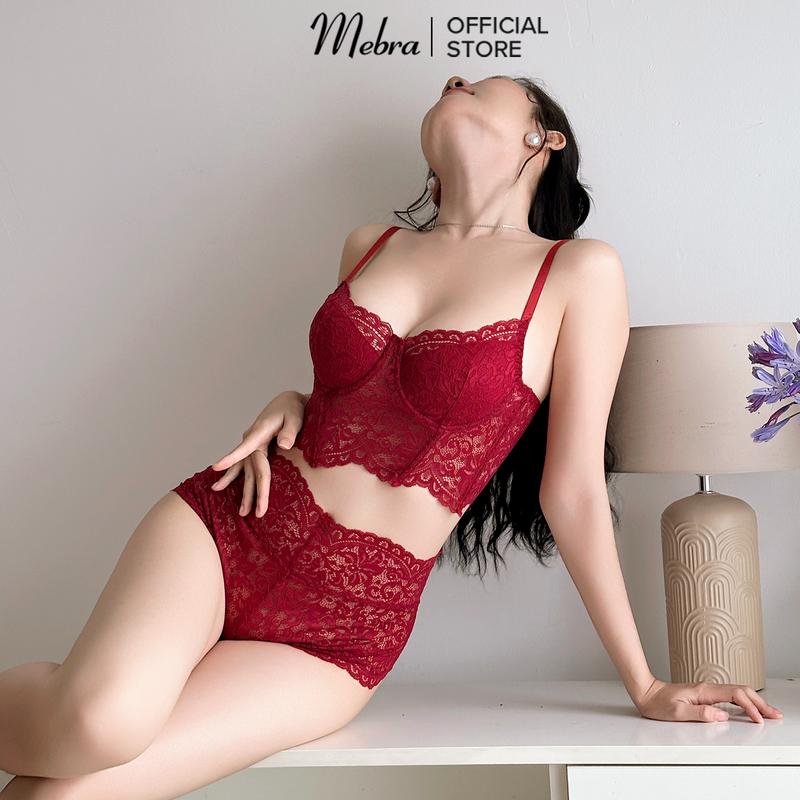 [mới] Mebra bộ đồ lót ren nữ màu đỏ đậm áo lót kiểu corset croptop quần lót ren cạp cao không viền