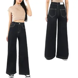 Celana jeans wanita model kulot berwarna navy benang kontras berbahan stretch nyaman 011.1