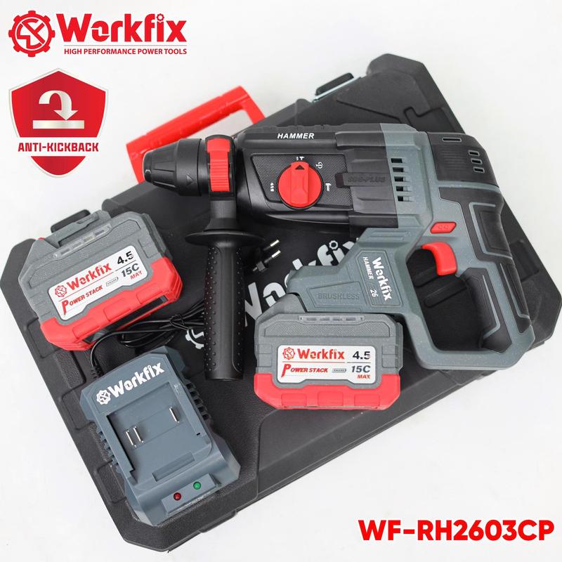 Máy Khoan Đục Bê Tông 3 Chức Năng Workfix WF-RH2603CP - Chống Lật Cổ Tay - Lực Đập 2,9J - 2 Pin 21V 4.5Ah Xả 15C Động Cơ Từ Lõi Đồng - Bảo Hành Chính Hãng 6 Tháng