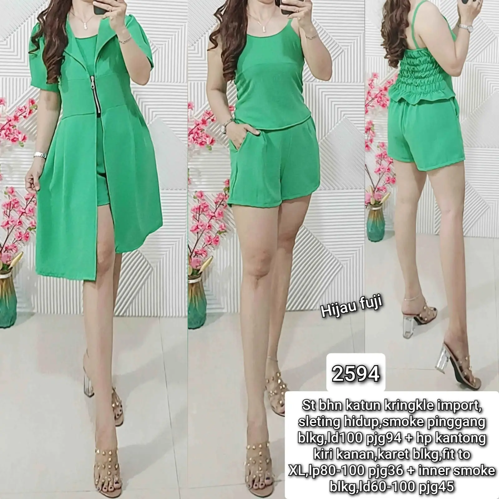 Setelan 3in1 bahan katun kringkle import +inner +Hotpant 2594/2688/2734