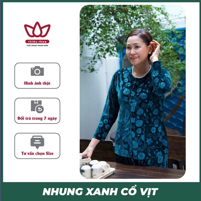 Đồ Bộ Trung Niên Thu Đông Cho Mẹ Cho Bà, Vải Nhung Họa Tiết Hình Hoa Tinh Tế, Dành Tặng Bà và Mẹ Nữ Áo Women Top Quần Ngủ