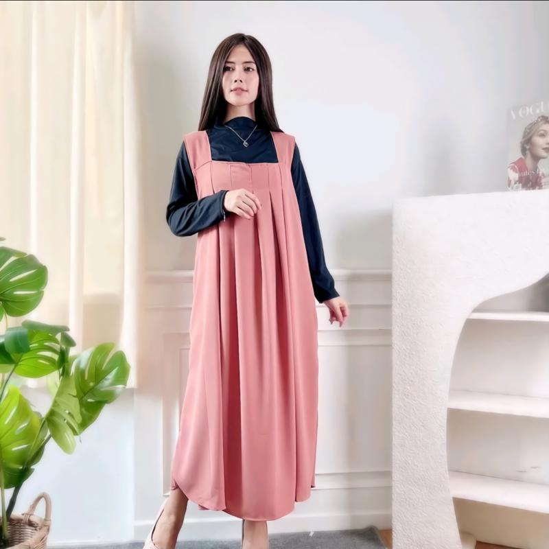 BERYNKA OVERALL AIRFLOW CRINCKLE PREMIUM ATASAN WANITA MODEL TERBARU TREND Remaja Crinkle Muslim Panjang Oversize Kancing Dress 5