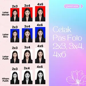 Cetak Pas Foto Ukuran 2x3, 3x4, 4x6 Latar Merah, Biru, Putih & Hitam Putih