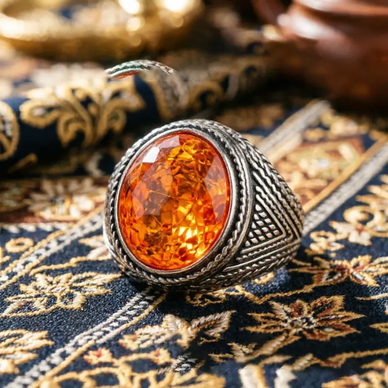 Cincin Pria Batu Amber Oranye Desain Retro & Maskulin Gaya Berwibawa untuk Tampilan Berkarakter dan Penuh Simbol Kekuatan Aksesori Unik dengan Makna Mendalam - Rings