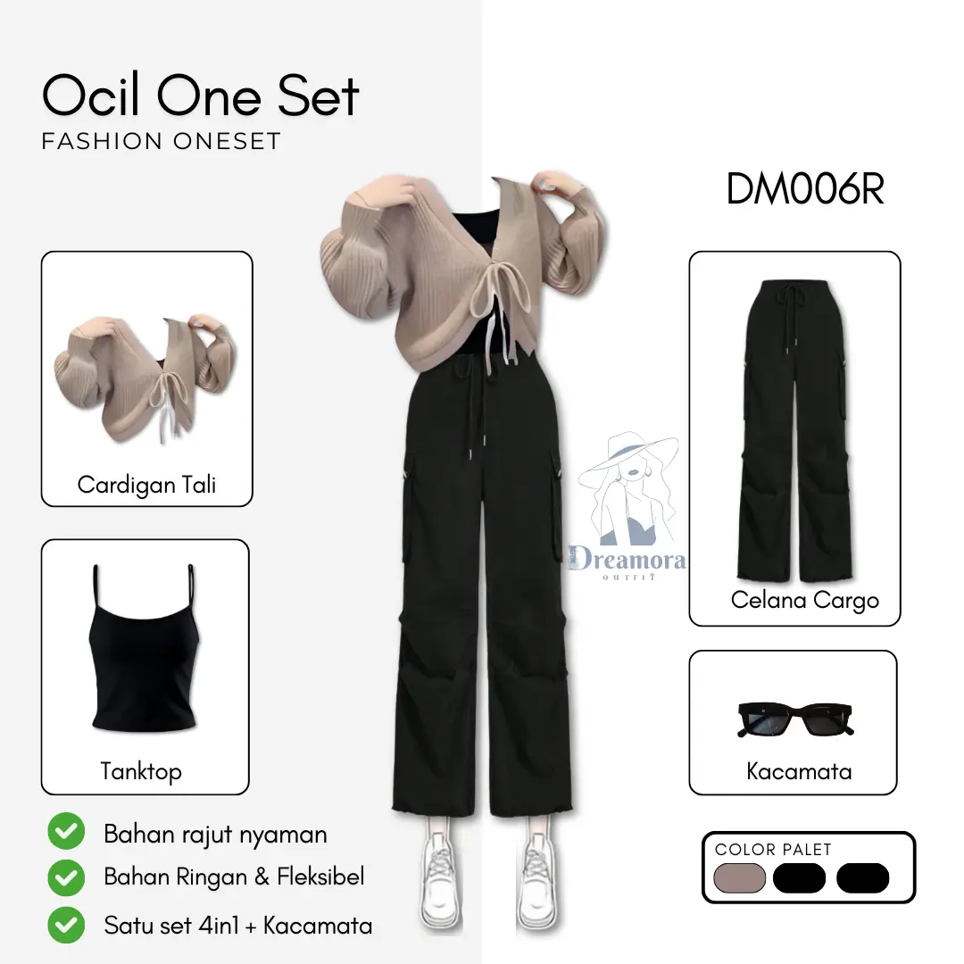 4in1 One set Setelan Wanita Satu Set ( Tanktop Simple + Atasan Cardigan Standar Rajut + Celana Panjang Cargo + Kacamata ) DM006R Baju Fit Lembut Tebal Rib Kancing Basic Oversize Variasi Tangan Casual Dewasa