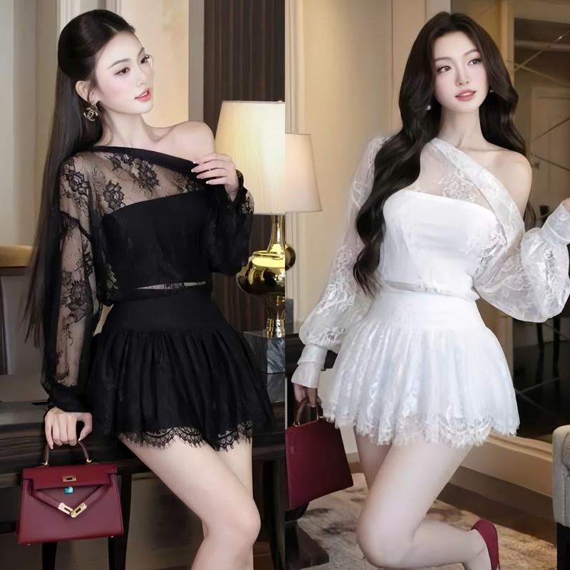 BIGSIZE HIẾU HIẾU (55-95KG) - Set thời trang nữ ren Áo tay dài lệch vai + Chân váy xếp li S536