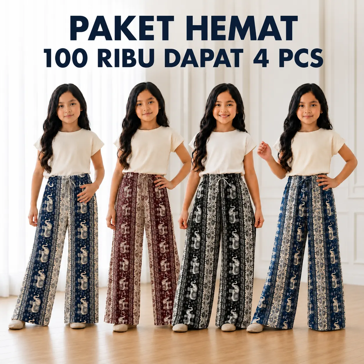 Paket Hemat 100 Ribuan Dapat 4 Pcs Kulot Anak Gajah Thailand Bahan Katun Supersoft Usia 4-9 Tahun / Celana Anak Motif Gajah Mihu Mihu Tali Serut Pinggang Elastis Nyaman dipakai  / Baggy Pants Stripe Kids Kekinian Terbaru Outfit Fashion Cantik