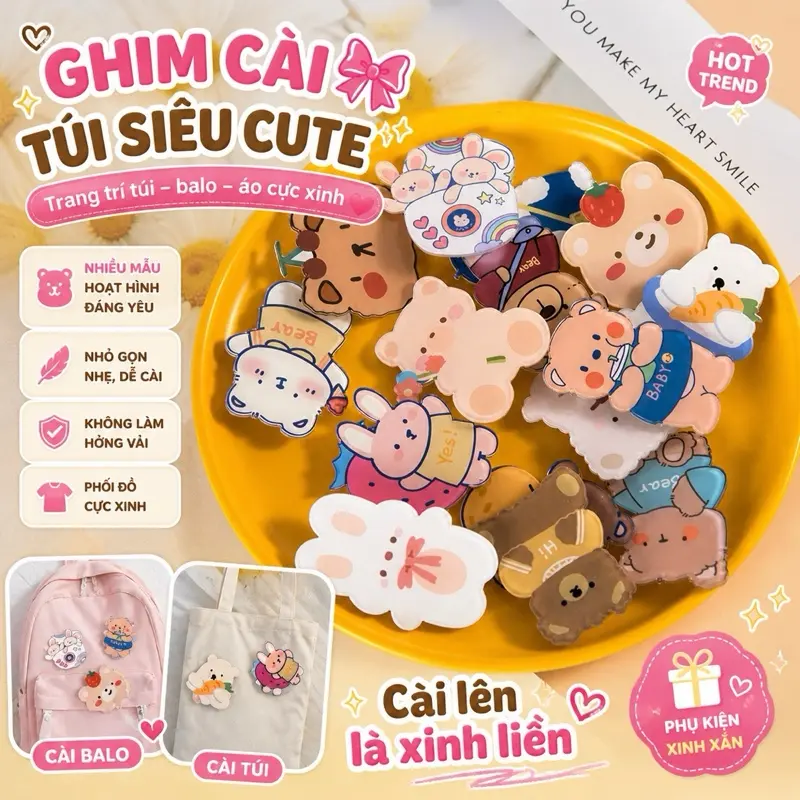 (BÓC NILONG) Huy hiệu ghim cài balo túi xinh xắn dễ thương ngộ nghĩnh nhựa cứng