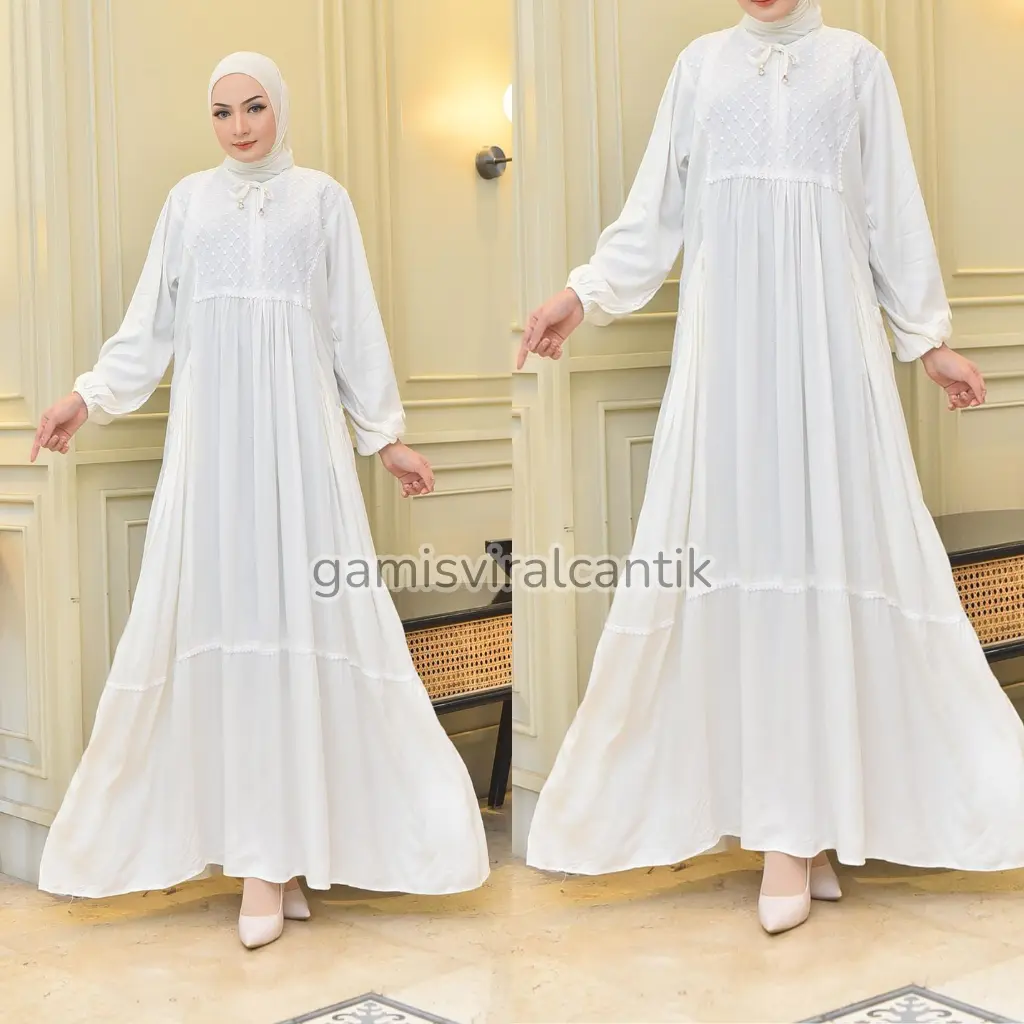 Gamisviralcantik - Nabila Dress Gamis Putih Premium Bahan Rayon Twill Adem Nyaman Aksen Renda & Brokat Bumil Busui Friendly | Gamis Muslim Wanita Mewah Terbaru