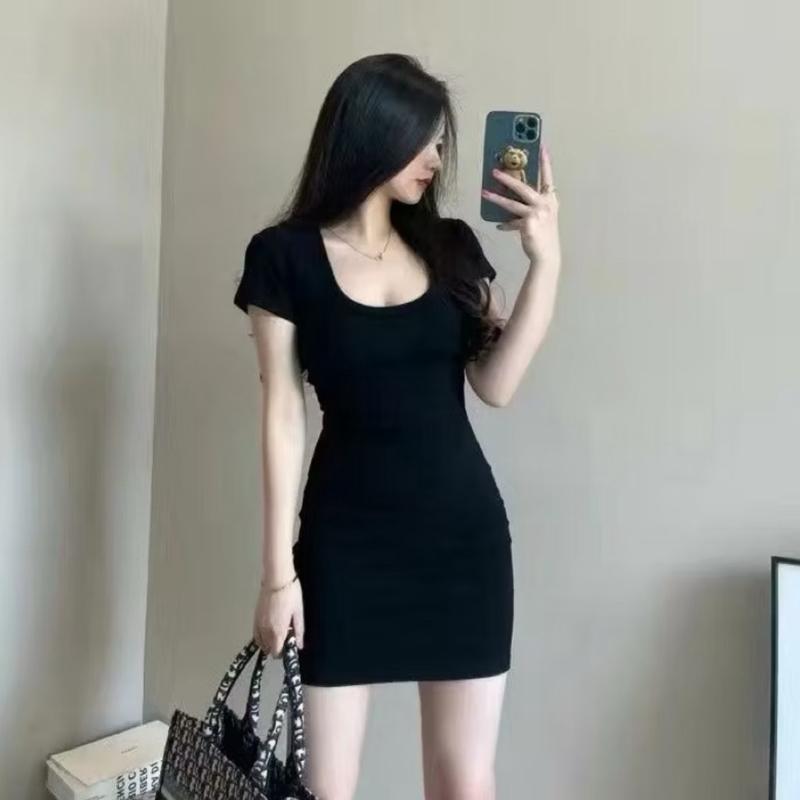 B100 Váy ôm body cổ vuông tay ngắn tăm lạnh QC co giãn tốt, size dưới 53kg