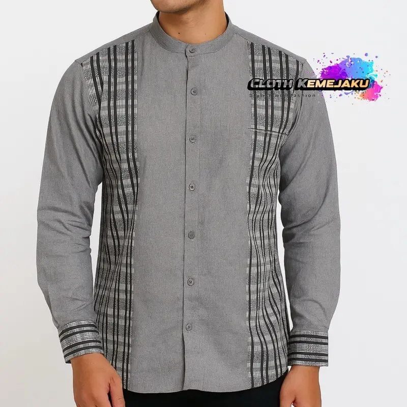 Kemeja Koko Katun Madinah Pria Gradasi Poliester Muslim Fit Manset Panjang Kerah Casual Baju 1