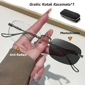 Kacamata Photochromic Anti Radiasi Komputer Fashion Metal Tanpa Bingkai Wanita Pria