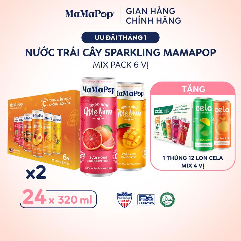  Combo 2 Thùng 12 lon nước trái cây sparkling MaMaPop mix 6 vị  320ml lon  - Kết hợp với trái cây tự nhiên giàu Vitamin C 