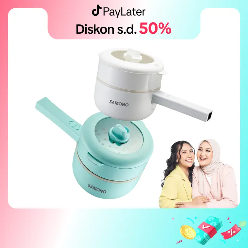 (Ekslusif Ischaindyofc) SAMONO 2L Panci Listrik Serbaguna Multi Cooker Anti Lengket 300W/600W Dual Power Food Grade Free Steamer (SW-DG08)