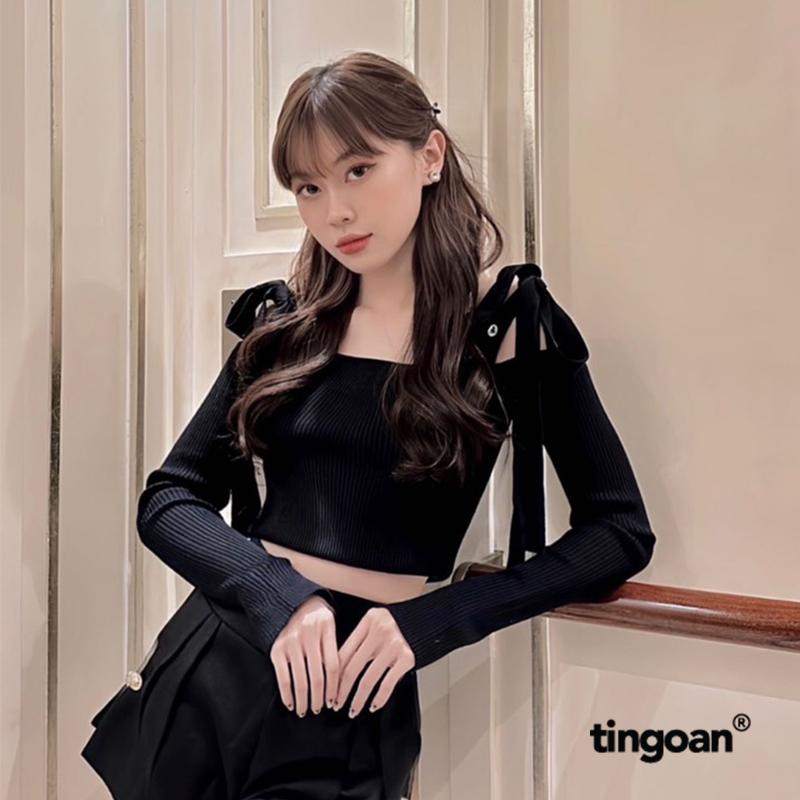 TINGOAN X TIKTOKSHOP - Áo trễ vai len xù buộc dây nơ vai cổ tay xẻ BABY DOLL