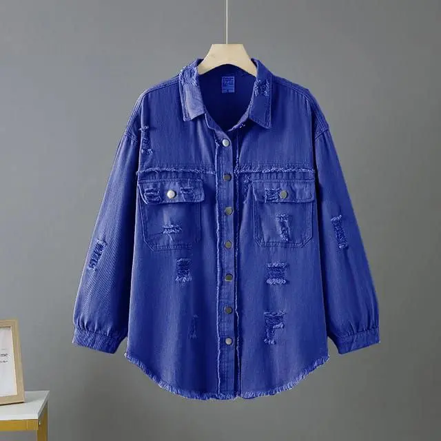 Jaket Denim Kemeja Jeans Oversize Sobek Lengan Balon Wanita 5