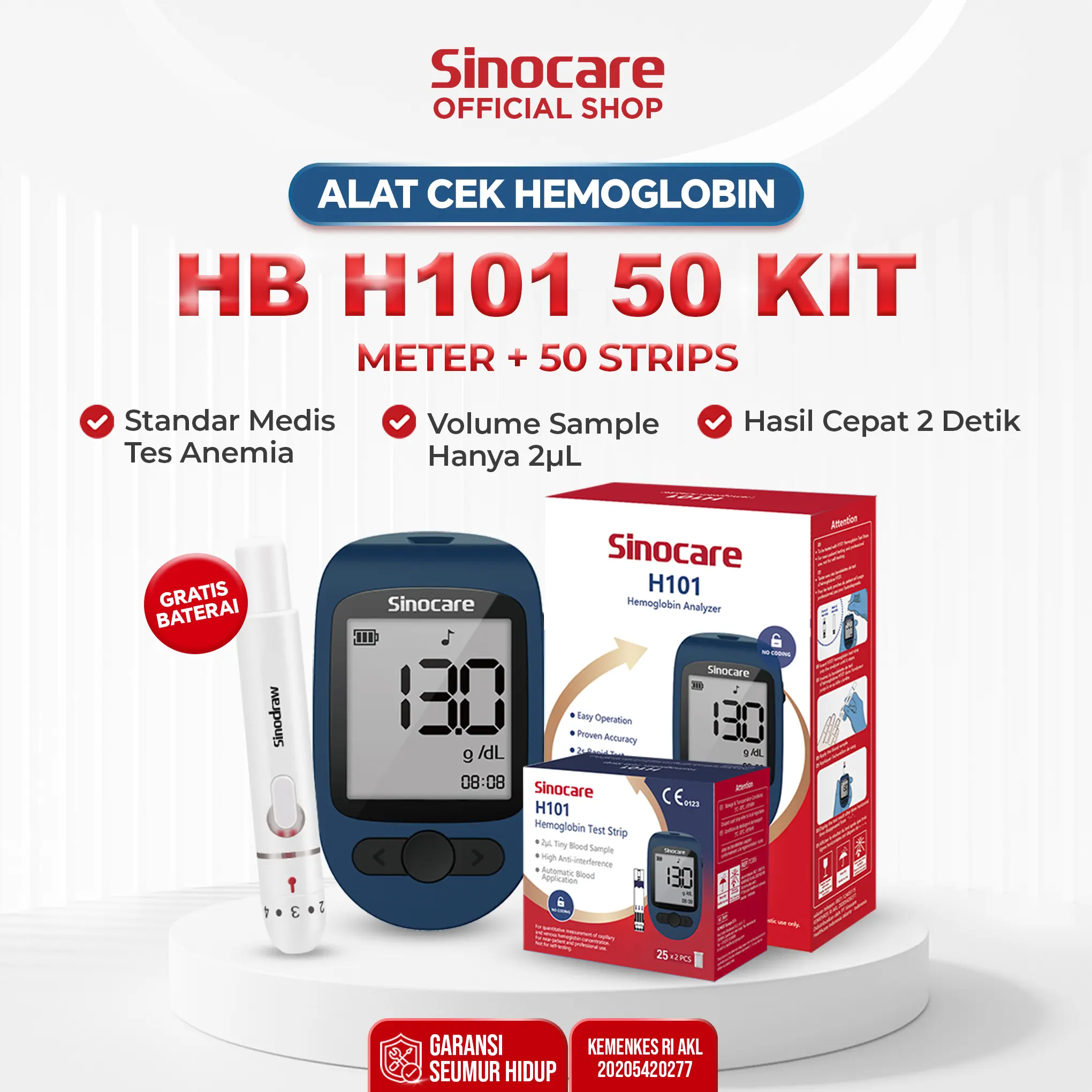 Alat Cek HB Hemoglobin Anemia Sinocare H101 Kit isi 50 Strip Hasil Super Cepat 2 detik & Sample darah sangat sedikit (2µL)