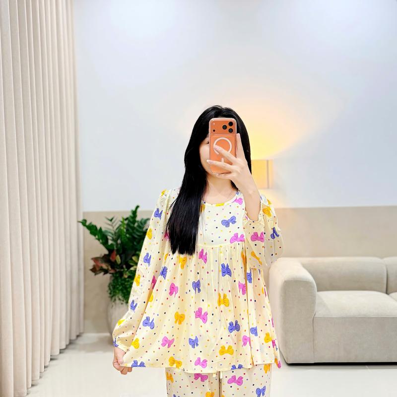 Bộ Lanh Nữ Bộ Tole Dài Babydoll Tay Dài Siêu Hot VNXK F21 45-70kg Cao Cấp Có Bigsize - Đồ ngủ cho nữ - HappyHouse93