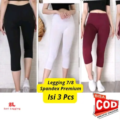 3 PCS Legging Pendek 7/8 Spandex Premium Standar Jumbo Dewasa | Legging Wanita Tebal Adem Legging Celana legging  7⁄8 anggun regular daily ❤ hitam legging  jersey Fit Lembut Nyaman