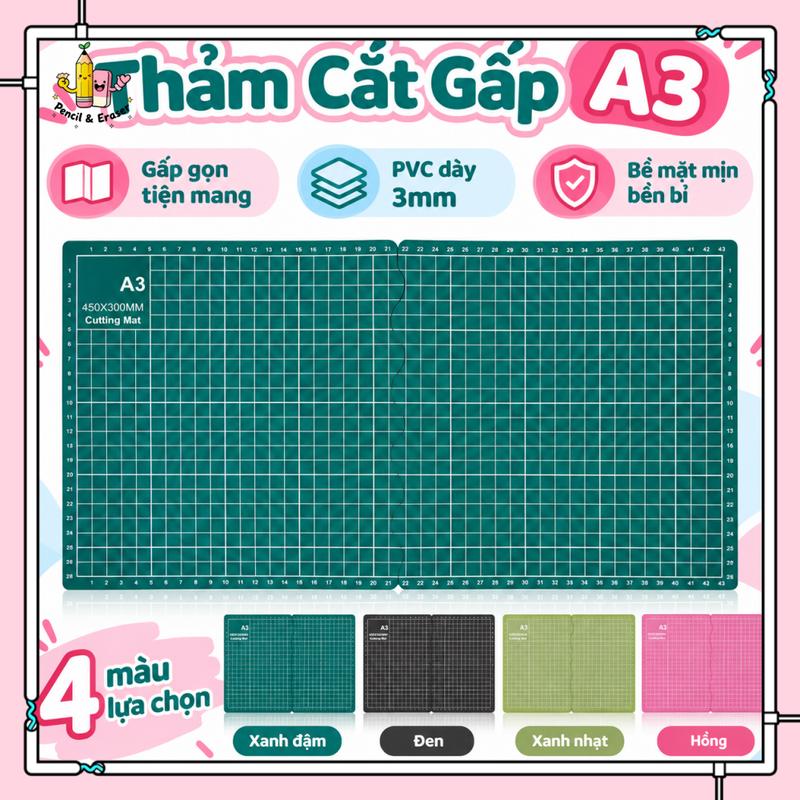 Thảm Cắt Giấy A3 Gấp Gọn, Thảm Lót Cắt Thủ Công PVC Dày 3mm, Có Vạch Chia, Dễ Mang Theo
