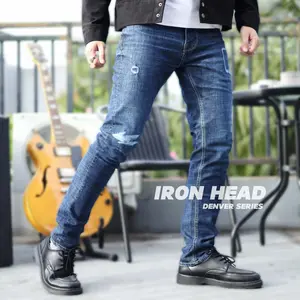 IRON HEAD Ripped Jeans Denver Series ‐ Celana Slimfit Jeans Pria Stretch Sobek Orion Blue