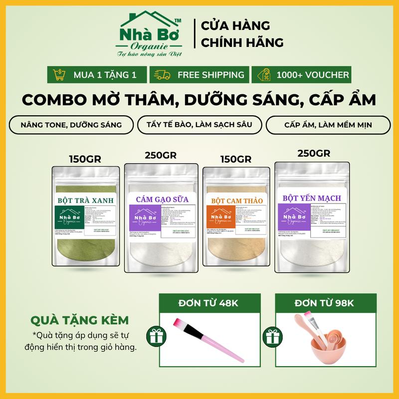   HDSD ĐI KÈM  Combo 4 gói  800Gr   150g Trà Xanh + 250g Cám Gạo Sữa + 150g Cam Thảo + 250g Yến Mạch  - Giúp Dưỡng Trắng Cấp Ẩm Chống Lão Hoá Cho Da Mặt và Body | Bột Nhà Bơ Organic 