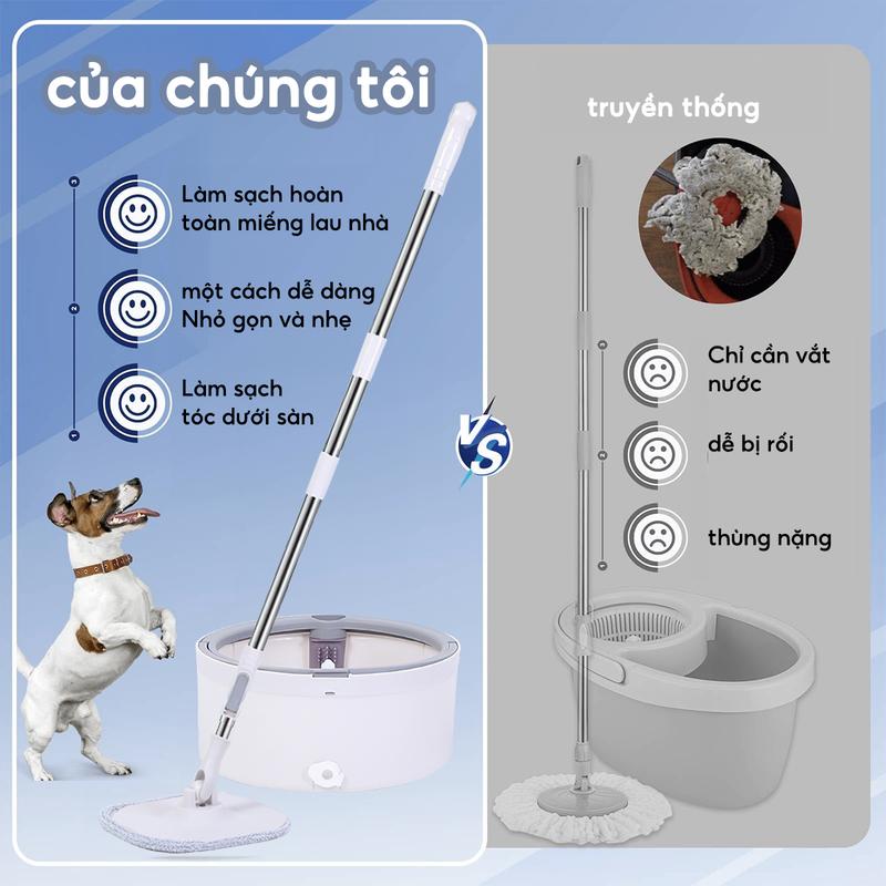 Cây lau nhà phẳng riêng biệt, gia dụng, lau nhà sạch sẽ, thấm nước khô rảnh tay, bộ xô lau nhà xoay thùng nhựa abs xoay được 360 độ cây lau nhà 5