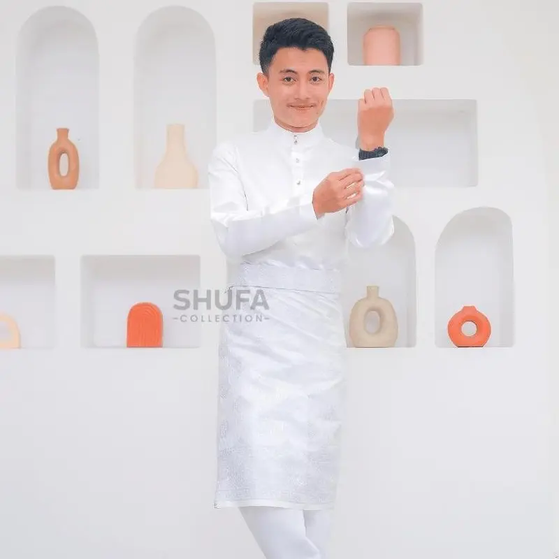 Baju Akad Melayu Pria Cekak Musang Setelan Muslim Kurung Teluk Belanga Putih Bahan Bridal Setelan Pengantin 0
